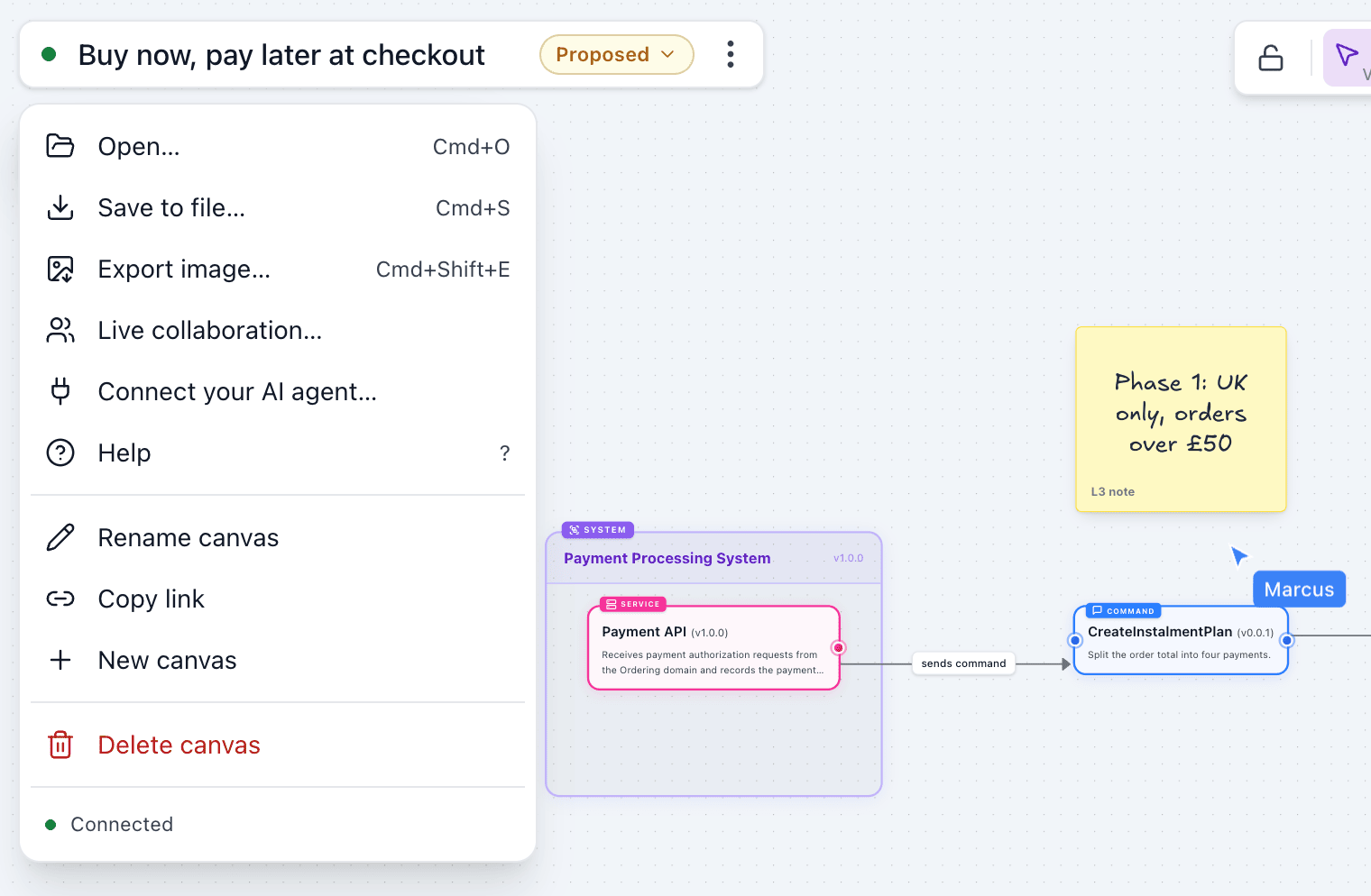 The canvas menu: Open, Save to file, Export image, Live collaboration, Connect your AI agent, Rename, Copy link, New canvas and Delete canvas