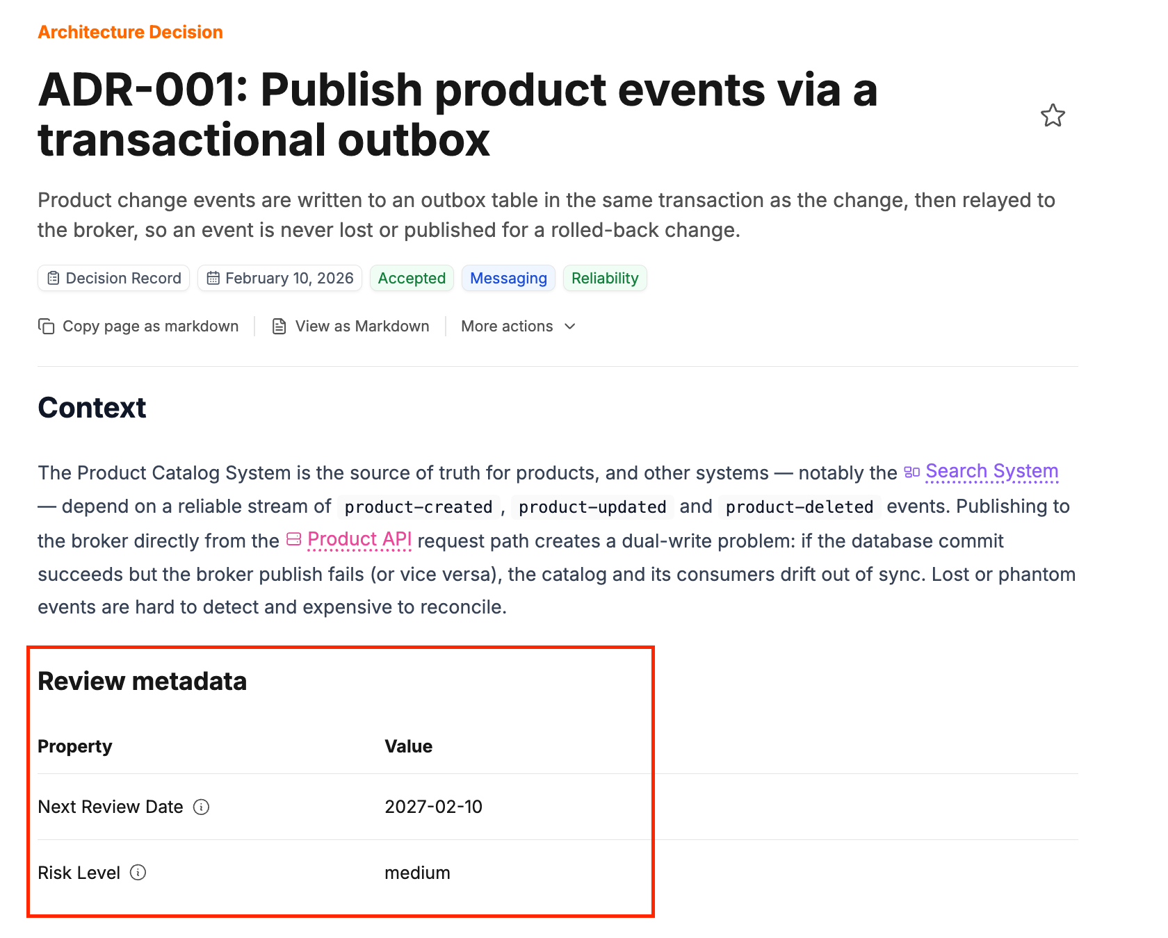 Custom properties rendered on an architecture decision record