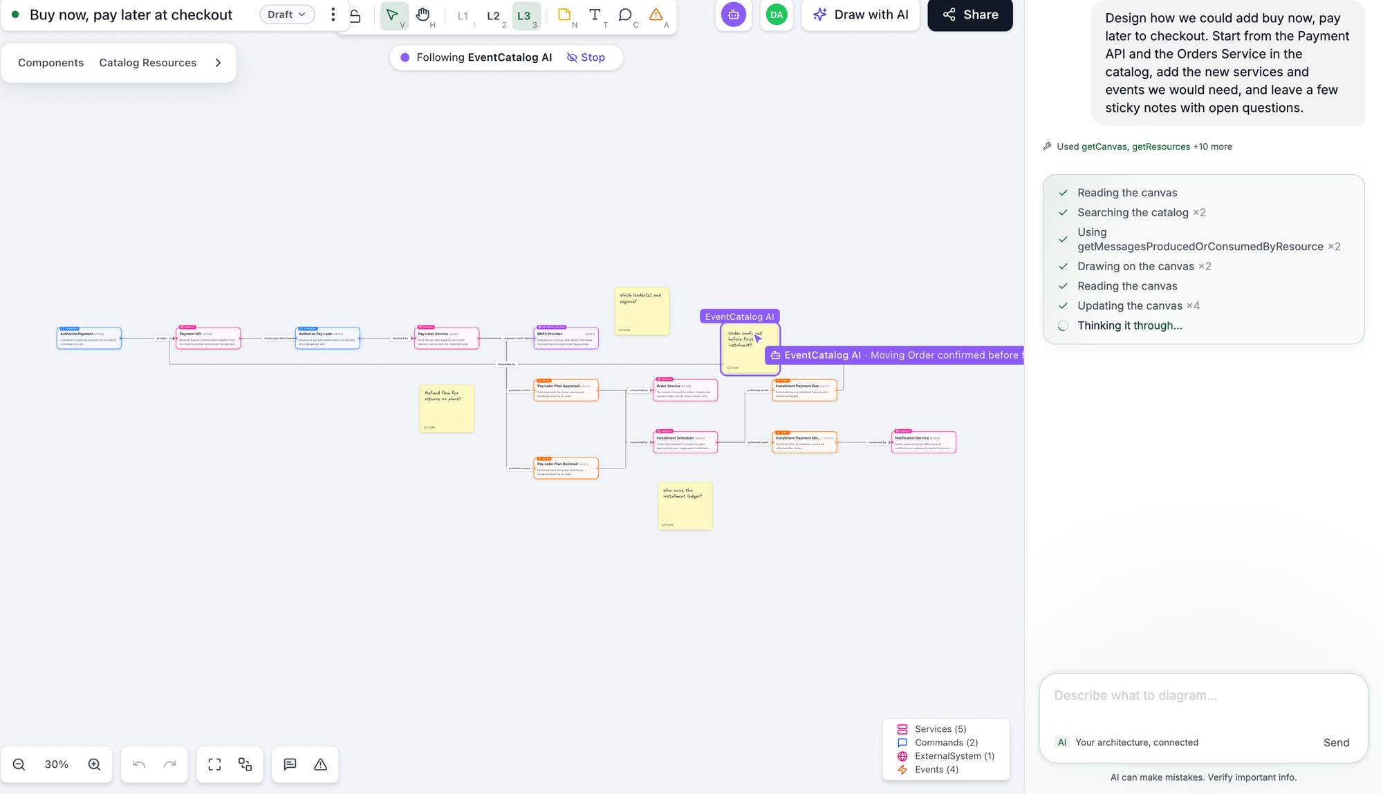 The assistant drawing a buy now, pay later design on a Studio canvas, with its pointer on the canvas and its progress in the chat