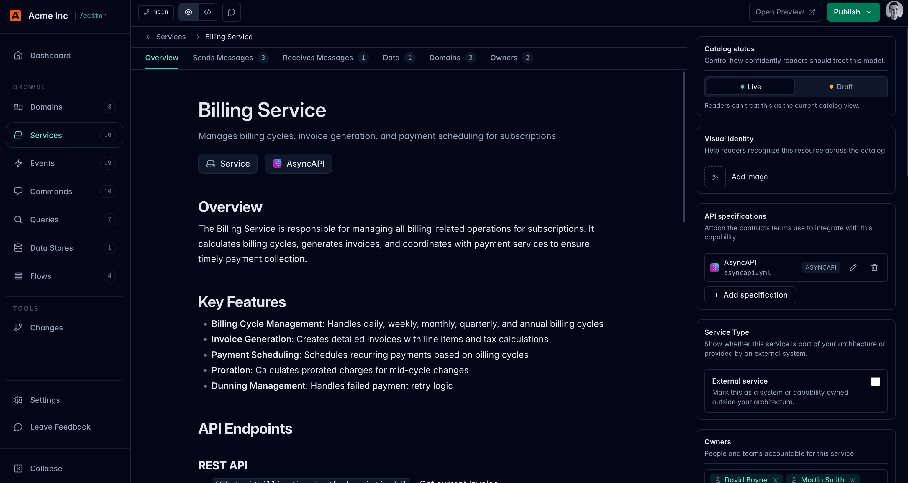 EventCatalog Editor open on a service resource