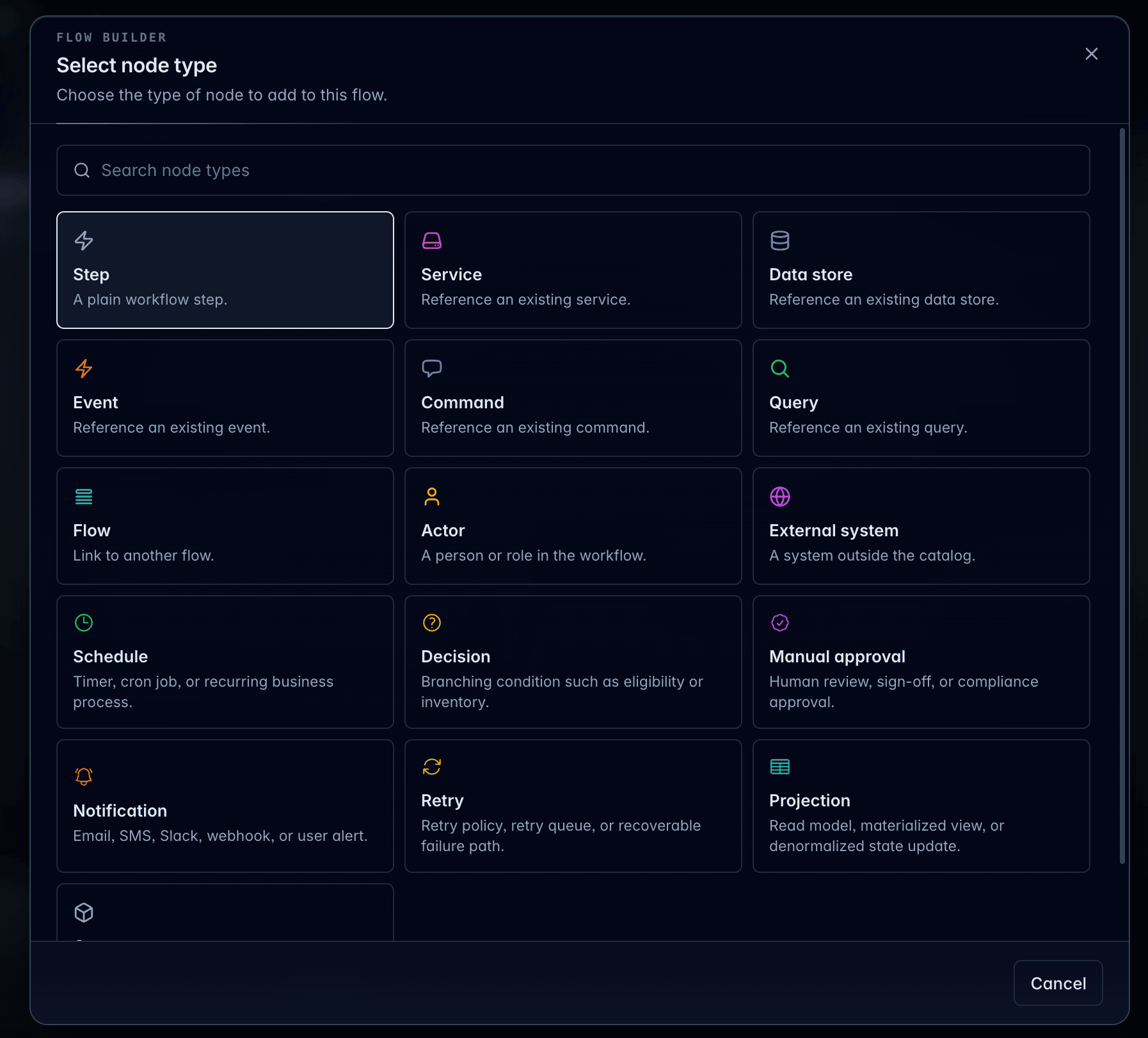 Flow editor node type picker