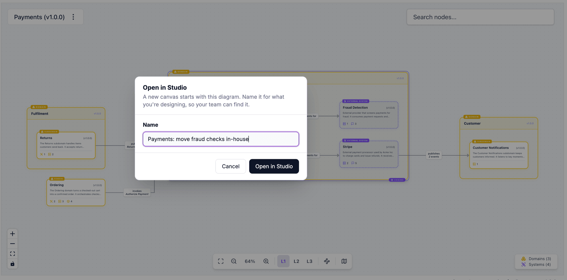 The Open in Studio dialog on the Payments domain diagram