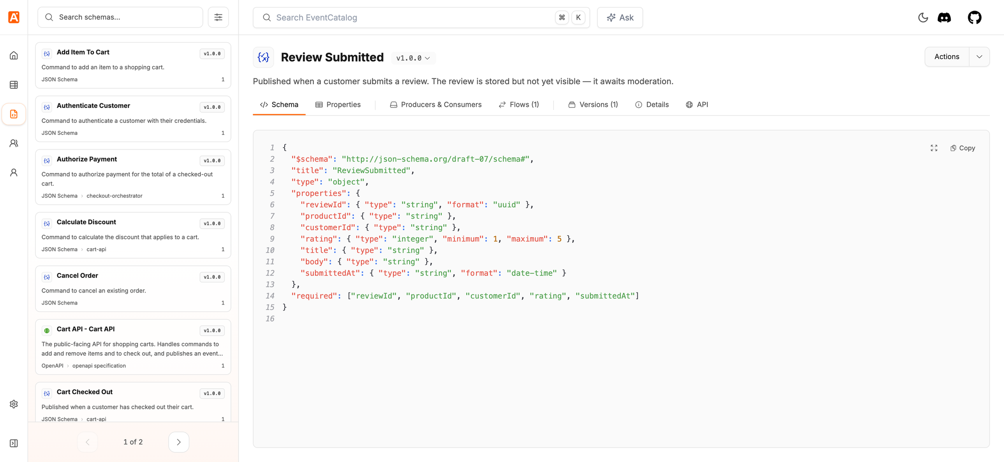 Schema Explorer with a list of schemas on the left and the Review Submitted schema open on the right
