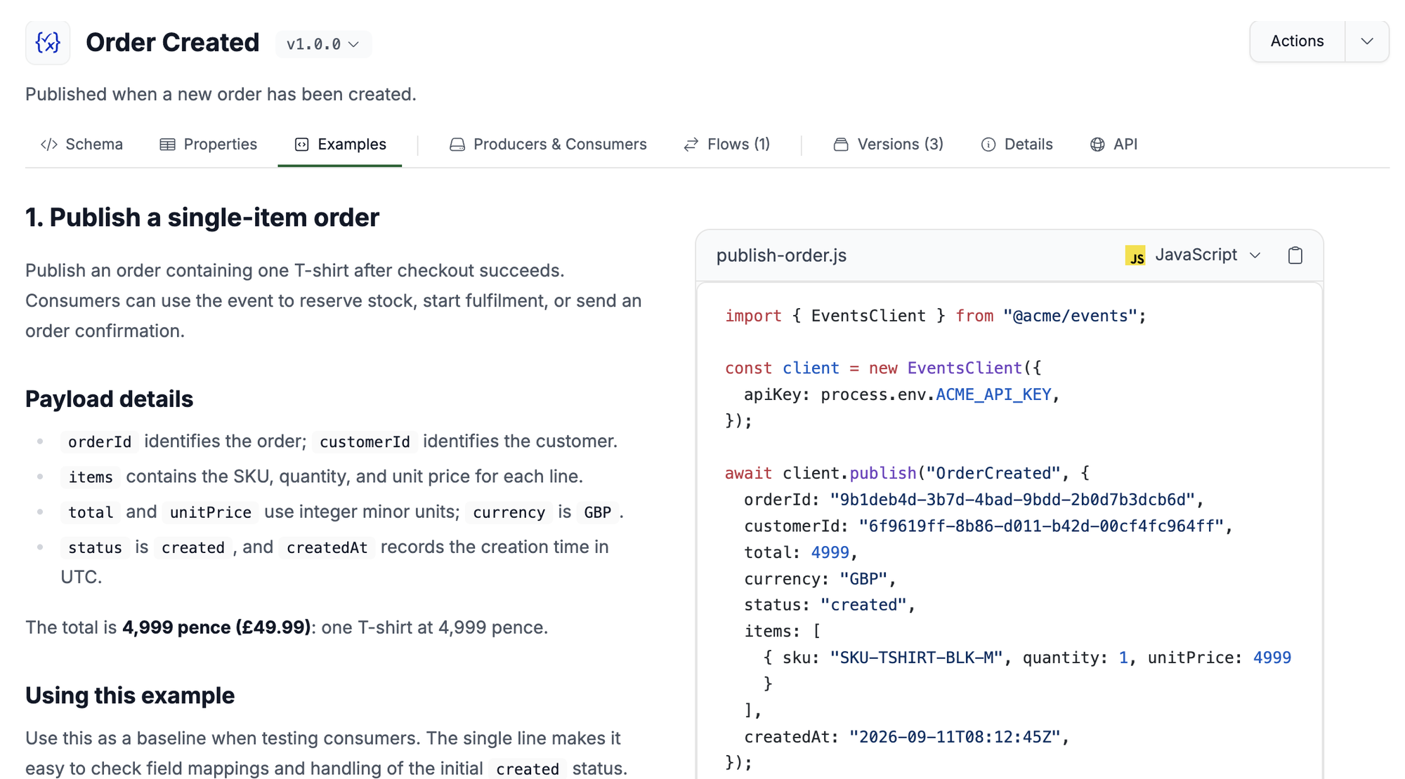 Examples tab showing a written example next to a code group