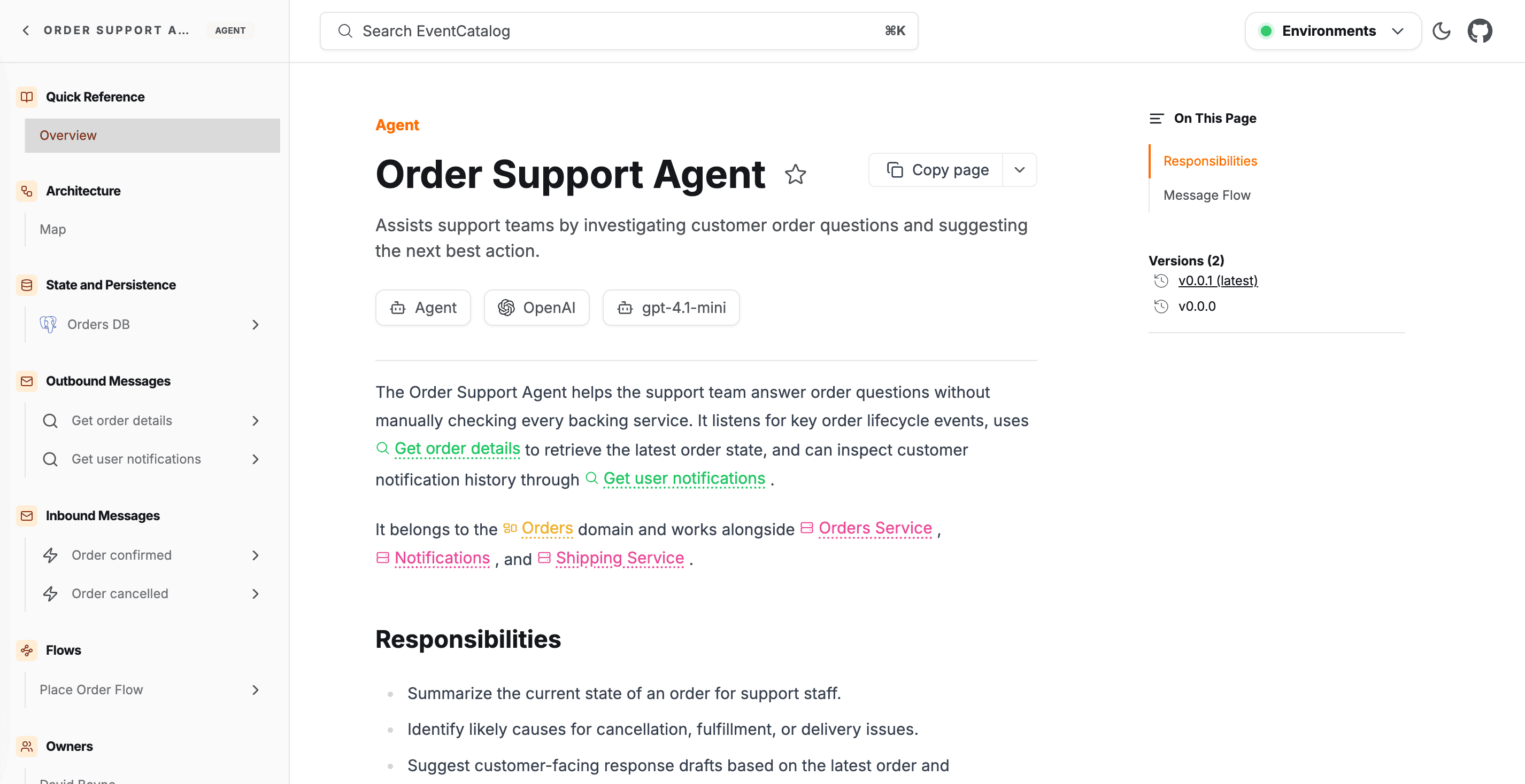 EventCatalog agent detail page showing model metadata, tools, messages, and ownership