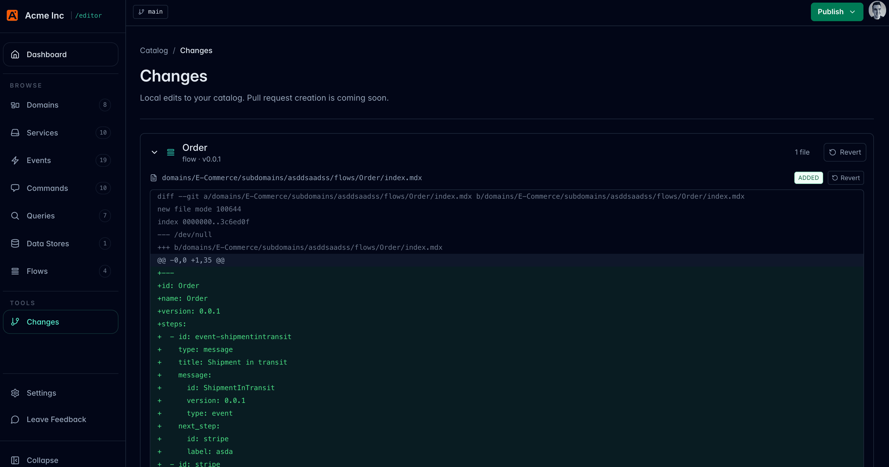 Changes page in EventCatalog Editor showing a local Git diff