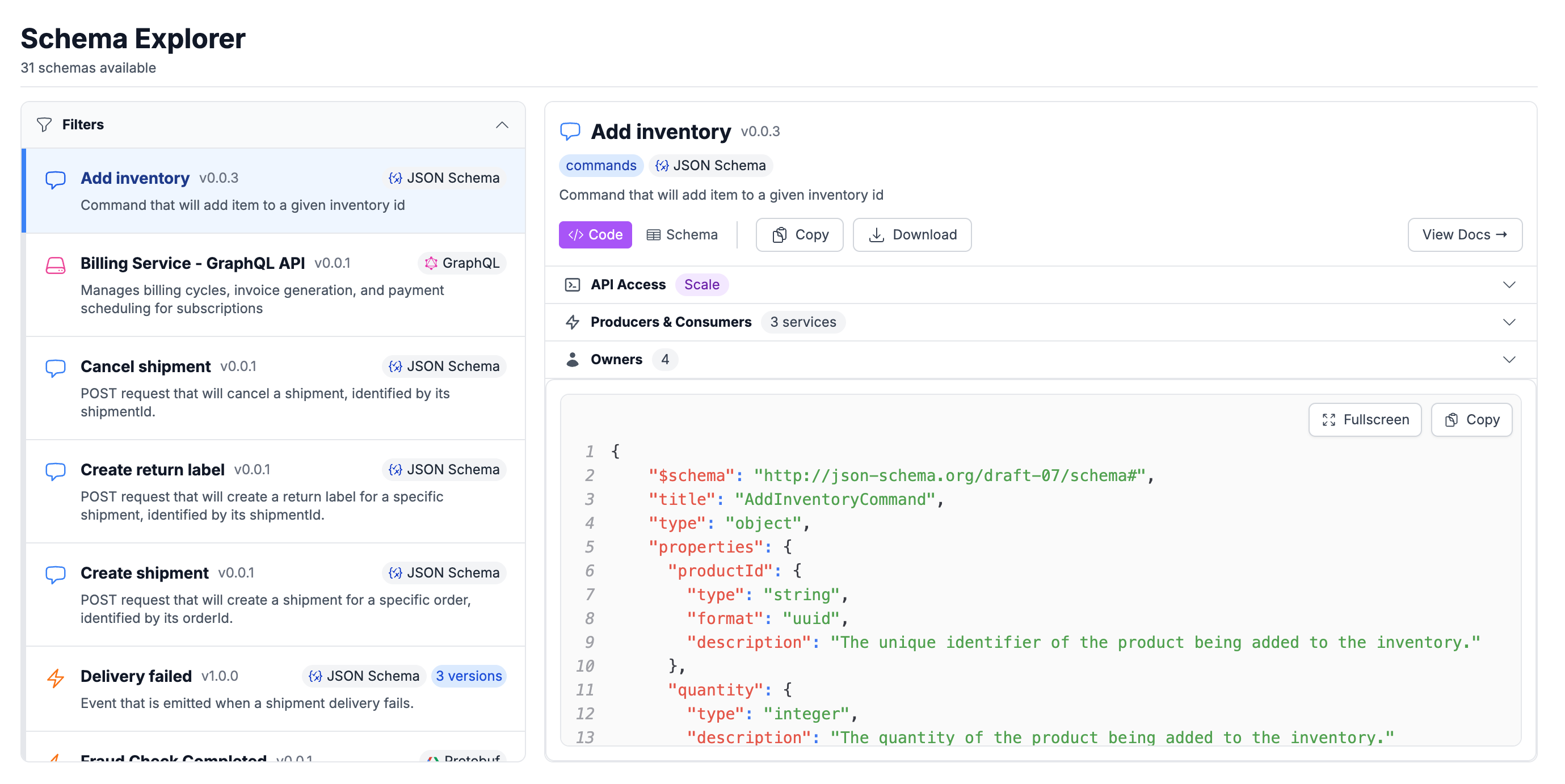 Schema Explorer sidebar navigation