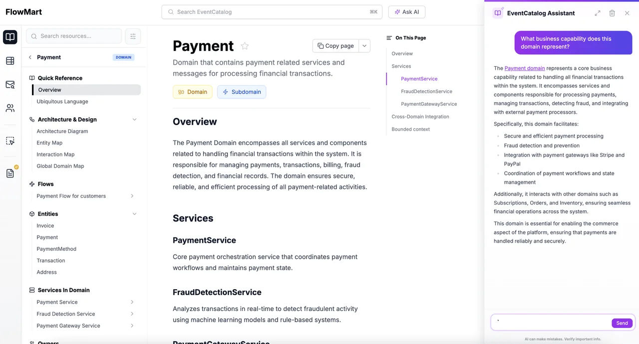 EventCatalog Assistant answering a question about the Payment domain