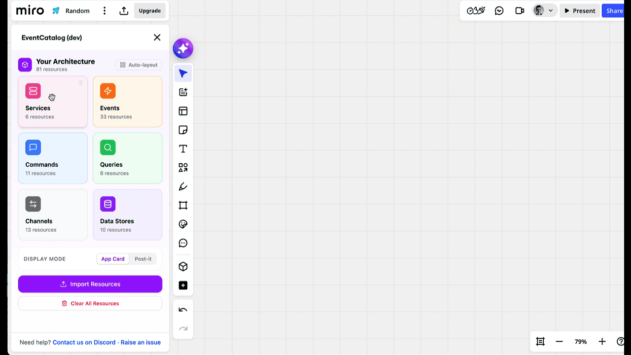 Dragging resources from the panel onto the Miro board