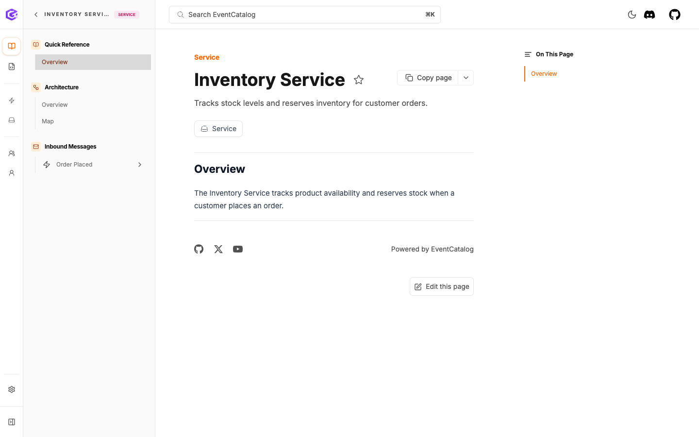 The Inventory Service page in EventCatalog